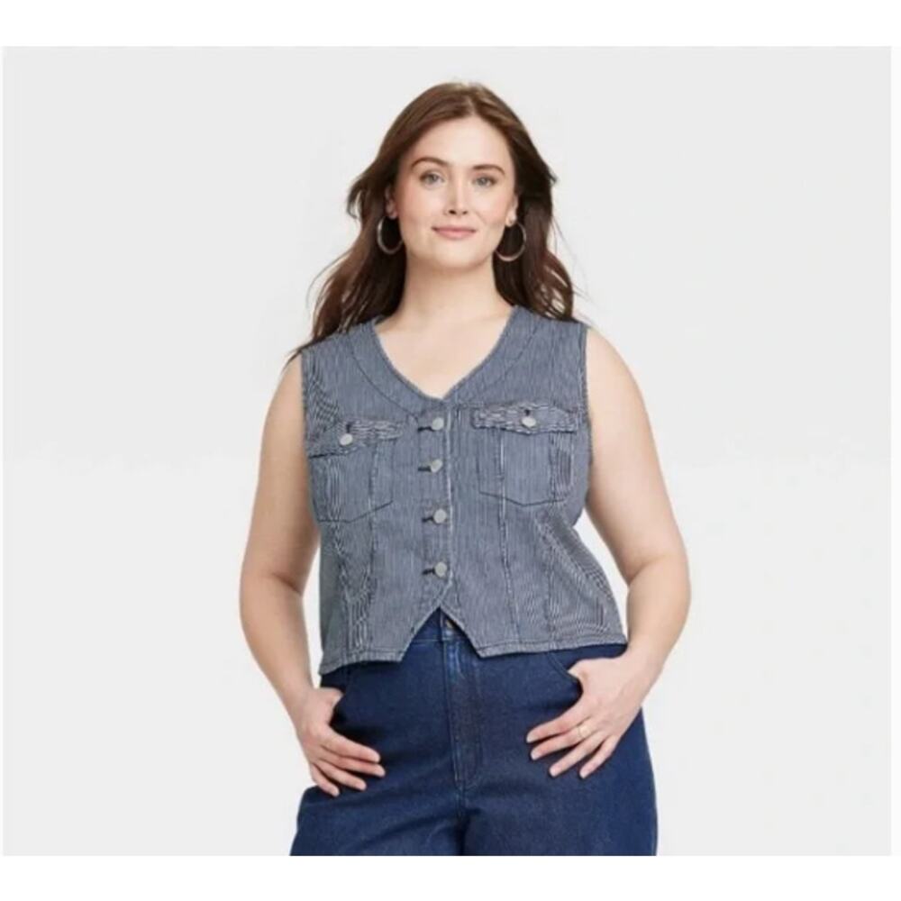 V-Neck Denim Vest - Universal Thread Blue Stripes XXL New